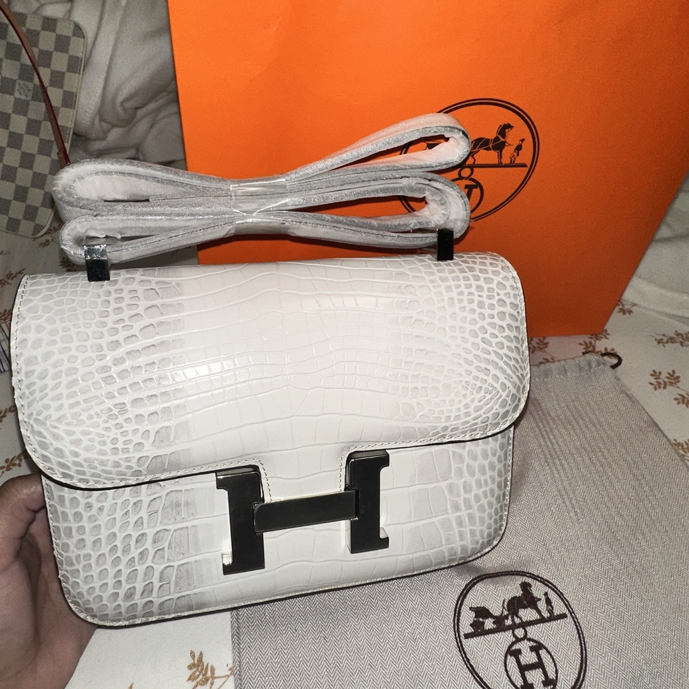 Hermes White Crossbody Bag with Crocodile Texture